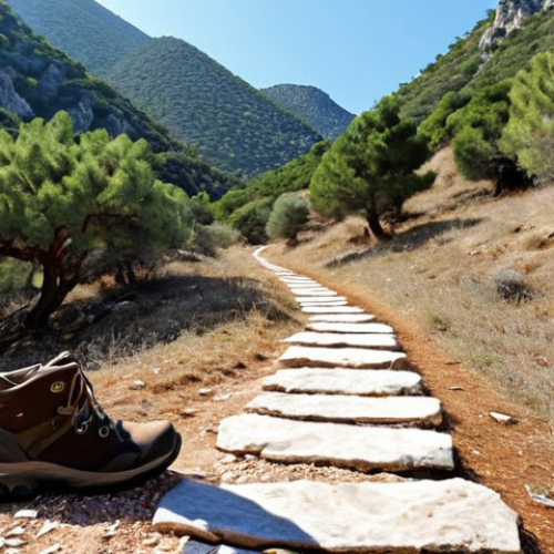 Home 4 **Prompt:** A picturesque scene of the Lycian Way in Turkey, showcasing a hiking trail winding through mountains. Include trekking boots, a backpack, a water bottle, a hat, and sunscreen in the frame. Capture the essence of a "Doğa Yürüyüşü" (Nature Walk) with a sense of adventure and natural beauty. The style should be realistic and inviting.