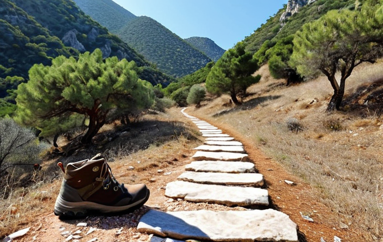**Prompt:** A picturesque scene of the Lycian Way in Turkey, showcasing a hiking trail winding through mountains. Include trekking boots, a backpack, a water bottle, a hat, and sunscreen in the frame. Capture the essence of a "Doğa Yürüyüşü" (Nature Walk) with a sense of adventure and natural beauty. The style should be realistic and inviting.